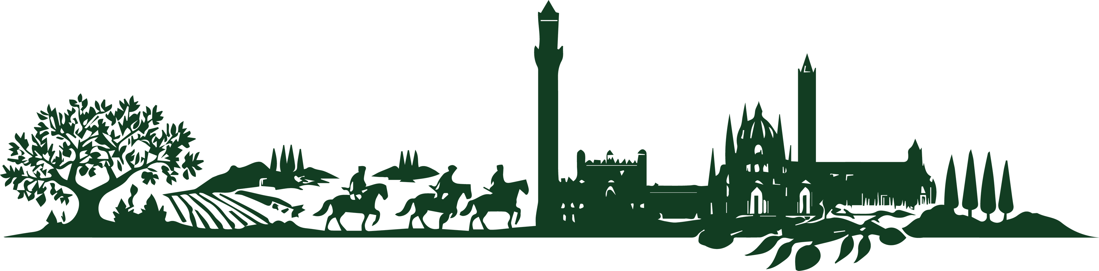 Simplified illustration of a cityscape with buildings, trees, and people on horses.