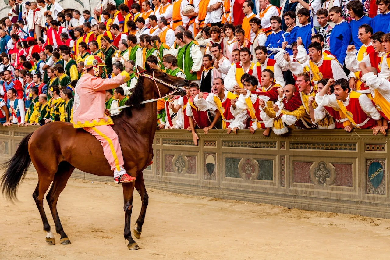 Palio Di Siena riding a horse in front of a crowd of spectators in a decorated arena